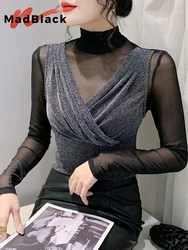 MadBlack Fake Two Pieces Tshirt Women Sexy Shiny Lurex Slim Mesh Tops Long Sleeve Workwear Tee New Fall Winter T3N527JC