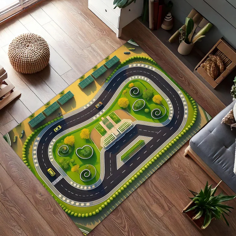 Green Track Play Rug Car Road Circuit Kids Carpet Nature Themed Racing Mat for Boys Bedroom or Playroom  Carpets for Living Room