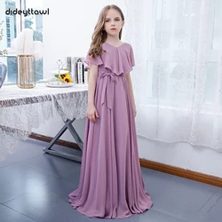 Dideyttawl Customized Wisteria Short Sleeves Chiffon Lace Flower Girls Dress A-Line Long Junior Bridesmaid Gown Birthday Party