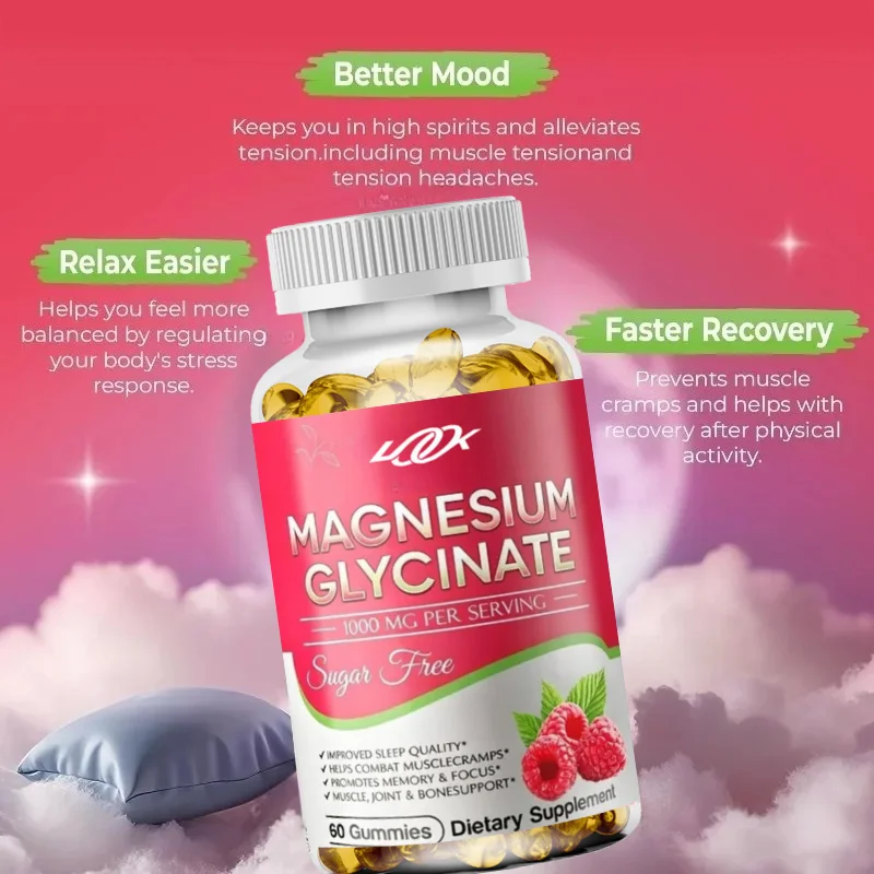 Glycine Magnesium Gummies 1000mg Sugar Free Magnesium Potassium Supplement Containing Vitamins D3, B6, Coenzyme Q10, and Calcium