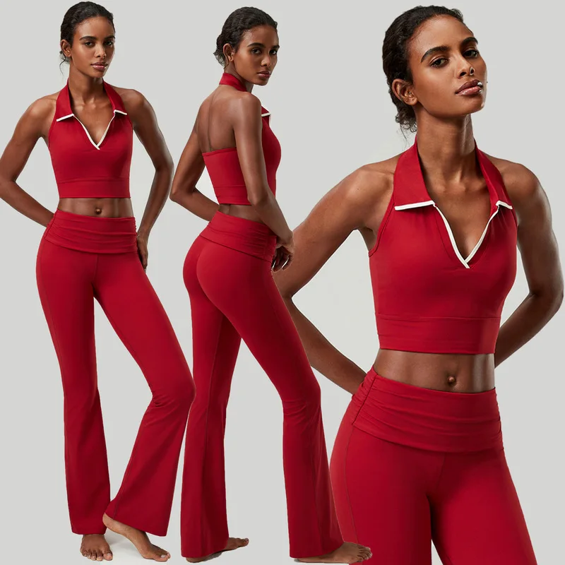 New Plus Size Yoga Outfit Set Seamless Shaping Halter V-Neck Top Fold Over Waist Flared Leggings Stretchy Workout Fitness Suit