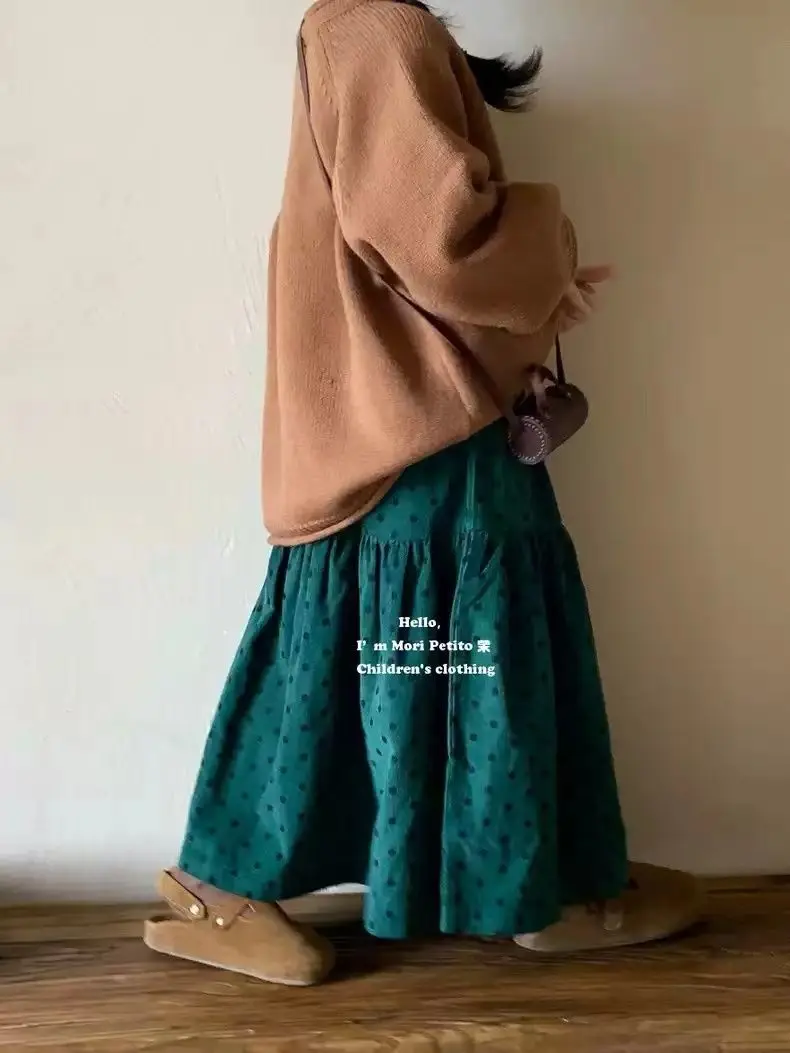 Girls Polka Dots Corduroy Skirts 2025 Autumn New Korean Fashion Kids Casual Daily All-match Long Skirt Childrens Spring Clothes
