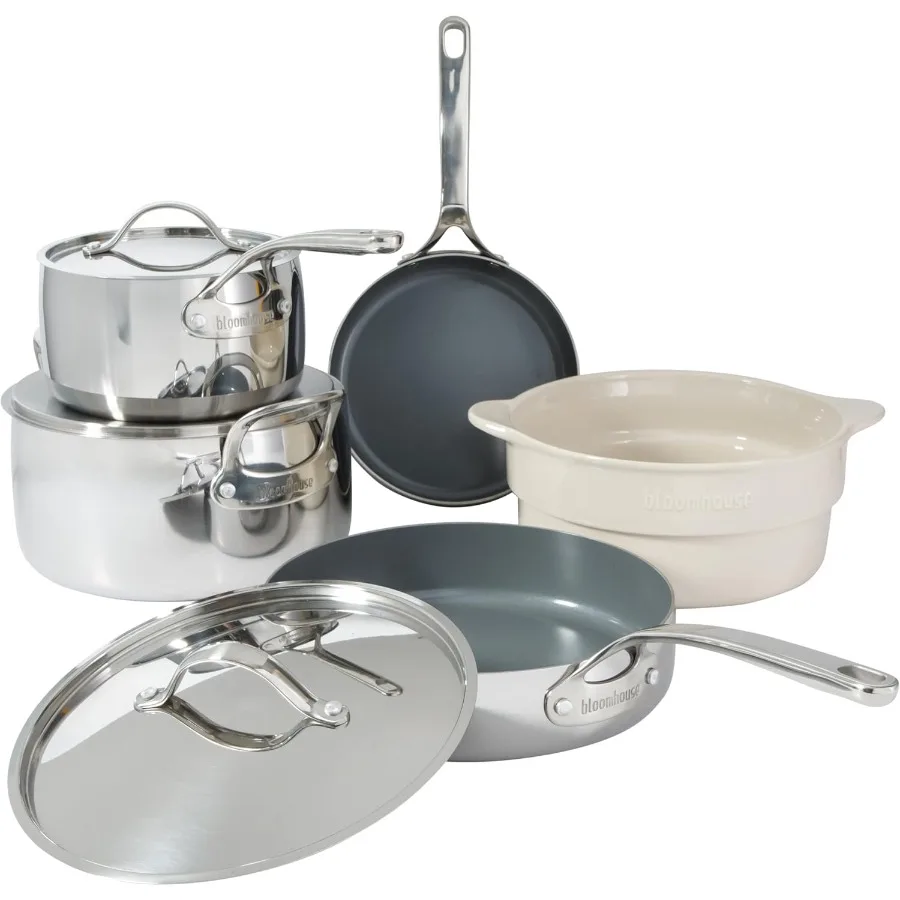 

8 Piece Triply Stainless Steel Pots and Pans Cookware Set with Grey NonToxic Pro Ceramic NonStick Interior Ideal for Home Kitch