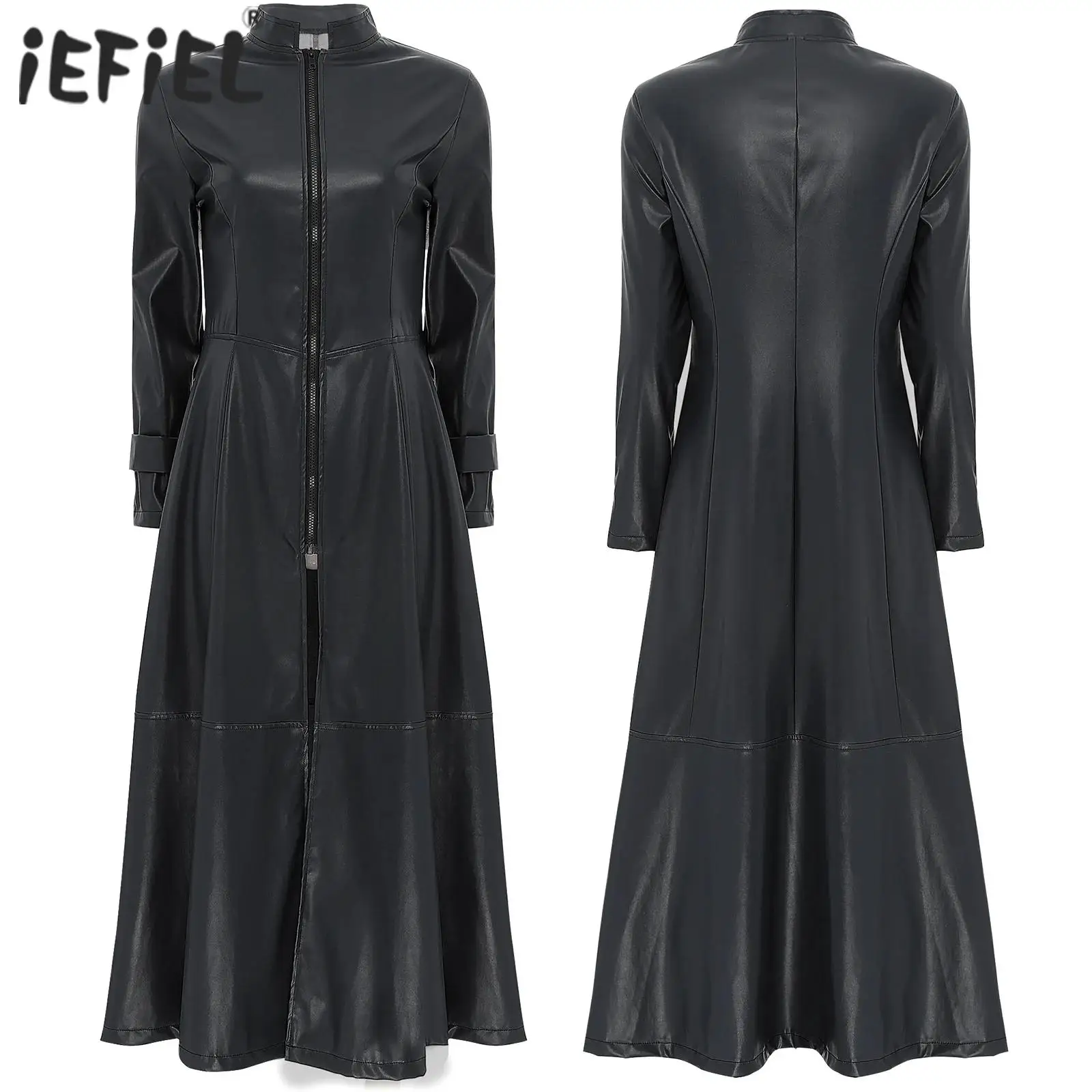 Womens Wetlook Patent Leather Trench Coat Stand Collar Full Zipper Slim Waist Ankle Length Long Coat Windproof Jackets Overcoat