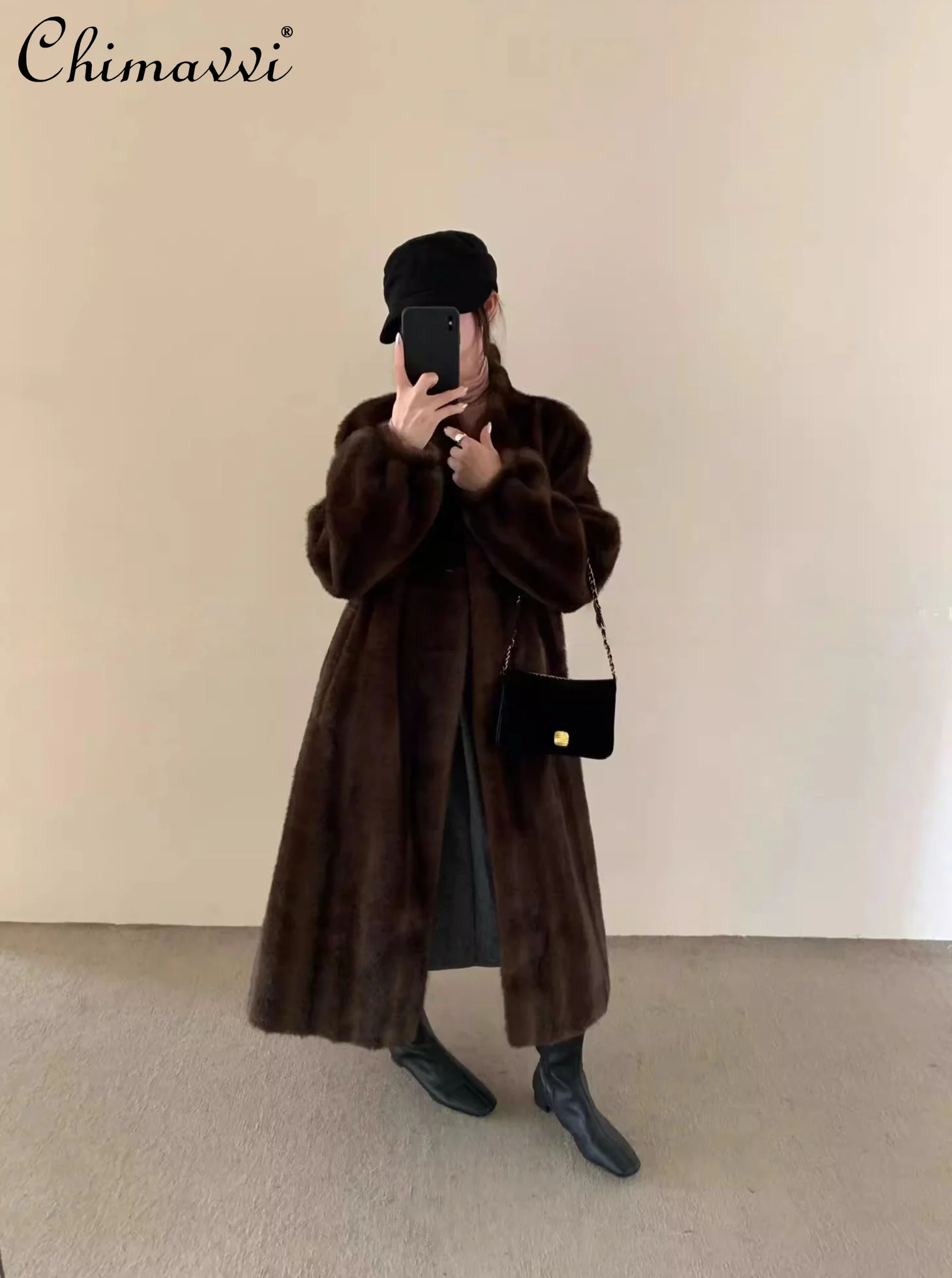 خريف شتاء جديد الراقية أنيقة ضئيلة طويلة الوقوف طوق معطف فرو المنك موضة كم طويل دافئ سميكة الفراء سترة علوية