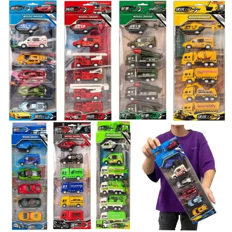 6Pcs Car Model Toy Fire Truck Airplane Police Engineering  for Boys Christmas Gift Diecast 1/64 Voiture Pull Back Toys