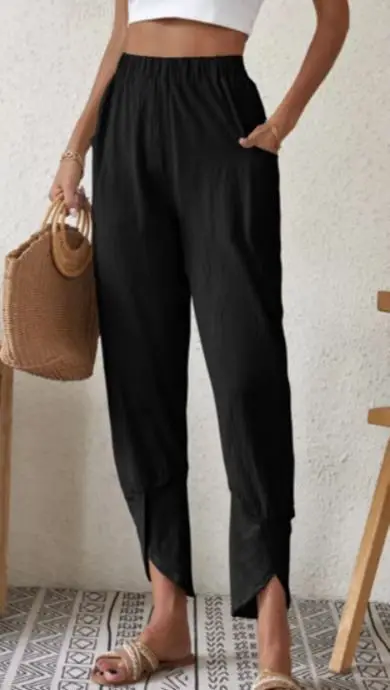 Women Harem Pants Vintage Cotton Linen Elastic Waist Wide Leg Trousers Female Casual Solid Pockets Loose Cropped Pants S-5XL