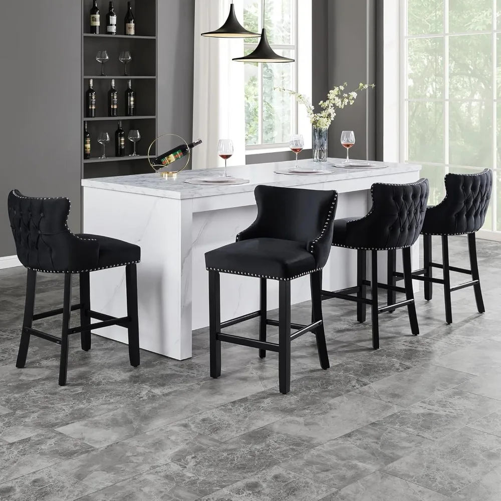 Counter Height Bar Stools, Modern Bar Stools Set of 4 Velvet Barstools with Low Back and Nailhead Trim for Kitchen Island