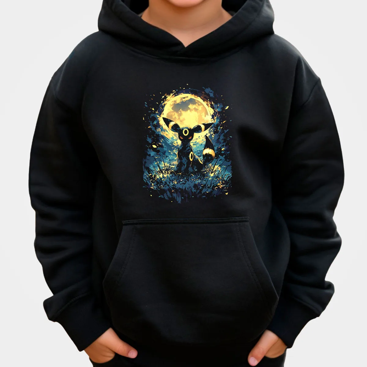 ポケモンアニメ ウンブレオン コットンパーカー ブラック、青い光る目、黄色の満月の夜の牧草地のシーンパターン、ルーズフィット