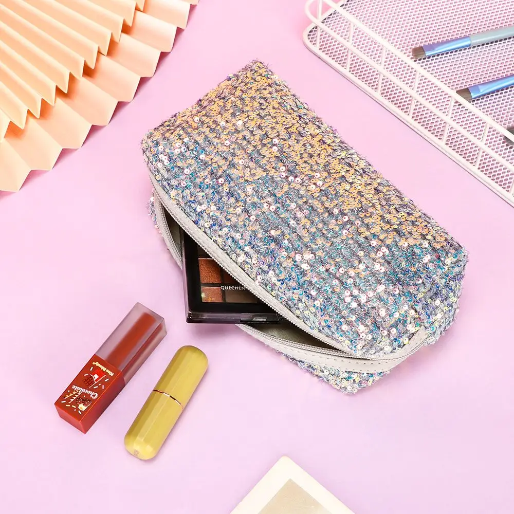 Women Sequin Glitter Cosmetic Bag Zipper Pouch Storage Makeup Bag Mermaid Color Girls Pen Bag 2024 Xmas New Year Gift