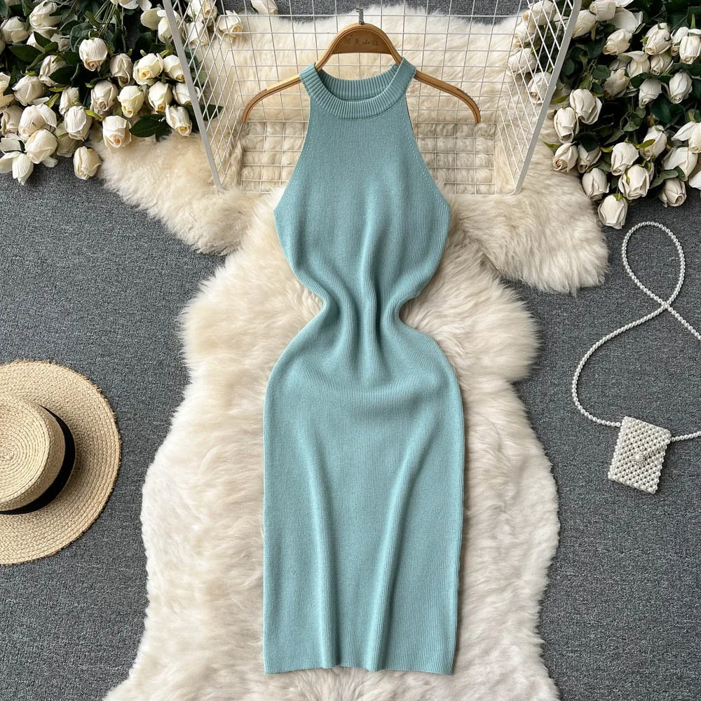 YuooMuoo Women Dress Sexy Hollow Out Waist Wrap Hips Knitted Mini Dress Women Sleeveless Slim Elastic Bodycon Summer Dress