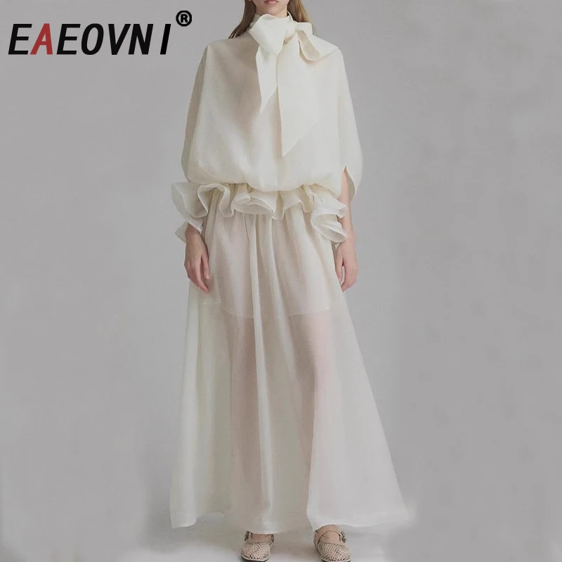 

EAEOVNI Elegant White Dress For Women Bow Collar Ruffles Patchwork Waist Design A Line Party Dresses 2025 New Clothing 1A1656