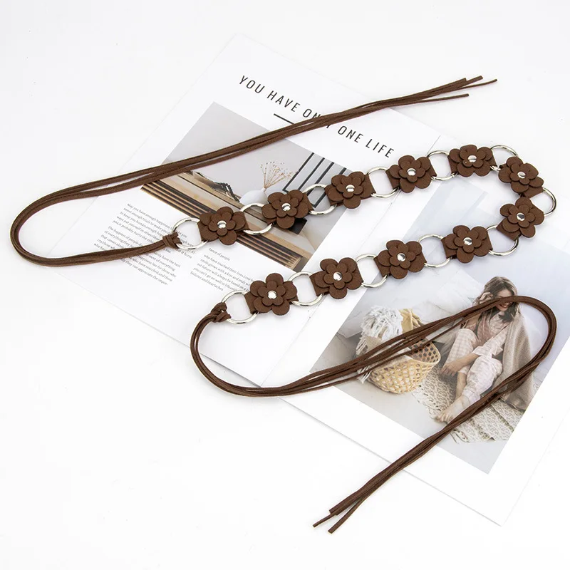 سلسلة خصر جلدية مضفرة على شكل زهرة بوهيمية للسيدات، تصميم نسائي، حزام فستان مزخرف بنمط العطلة