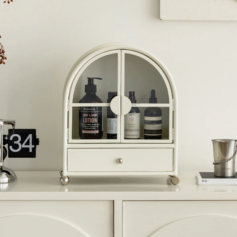 

Iron Desktop Storage Box Nordic Arch Door Storage Cabinet Large Capacity Makeup Organizer Drawer Storage for Cosmetics