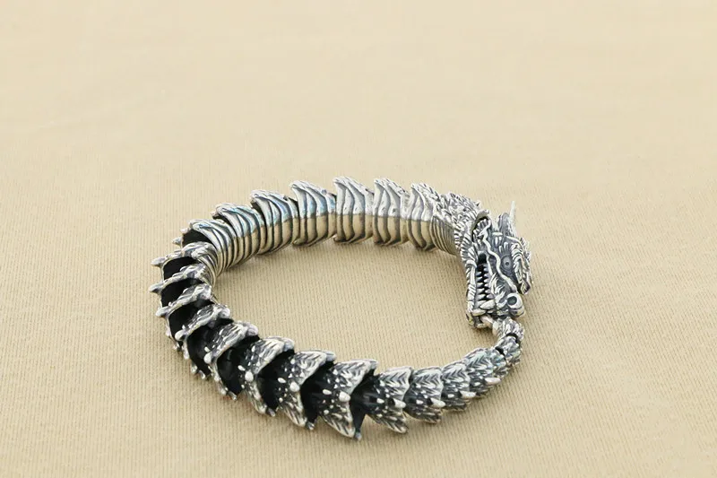 China-Chic original handmade men's personality retro S925 sterling silver dragon shaped silver bracelet Thai silver bracelet