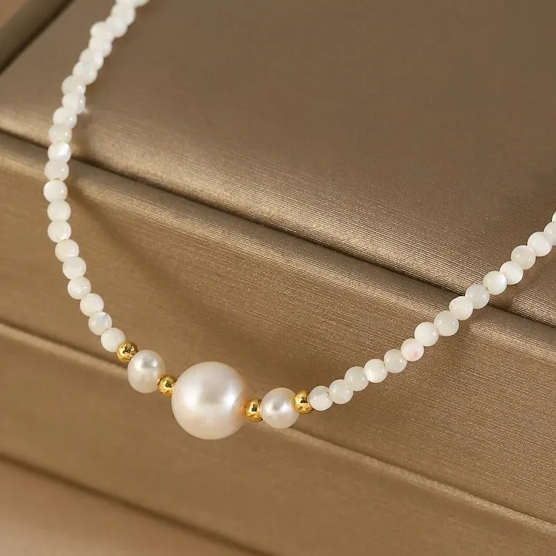 Minar Delicate Natural Freshwater Pearl Beads Chain Choker Necklaces for Women White Color Shell Pendant Necklace Daily Jewelry