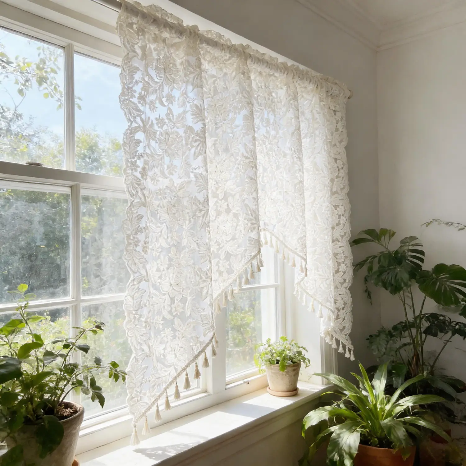 Sheer Floral Embroidery Lace Short Curtain with Tassels Triangular Curtain for Cafe, Kitchen, Half Wndow, Bedroom Romantic Decor