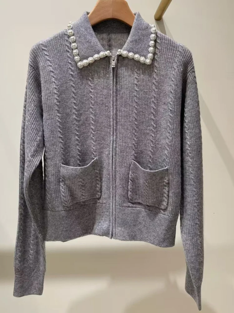 

Early Spring Knitted Cardigan Women's irt Pearl Embellied Turn-down Collar French Sle Casual Long Sve Top