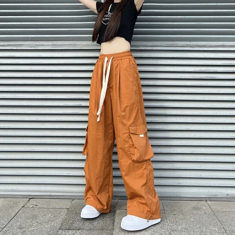 

Mexzt Japanese Lace Up Women Cargo Pants Fashion Hip Hop BF Pocket High Waist Elastic Wide Leg Pants Casual Straight Trousers