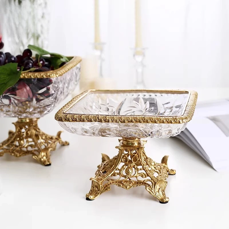Bandeja de almacenamiento de latón y cristal europeo, bandeja de frutas y nueces, decoración china americana de lujo para el hogar