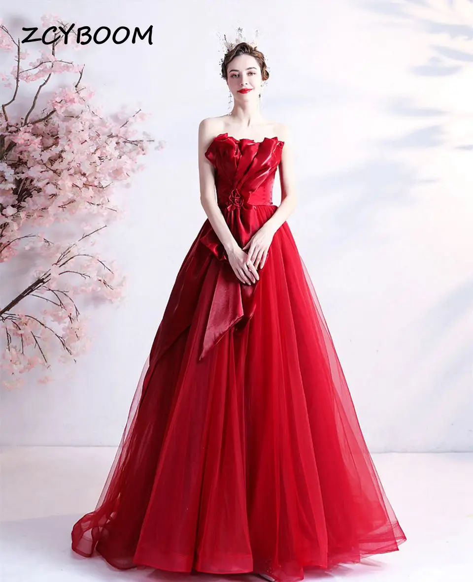 Magnifique bordeaux sans manches Tulle plissé longue formelle fête robes De bal pour les femmes à lacets dos longueur De plancher robes De Festa