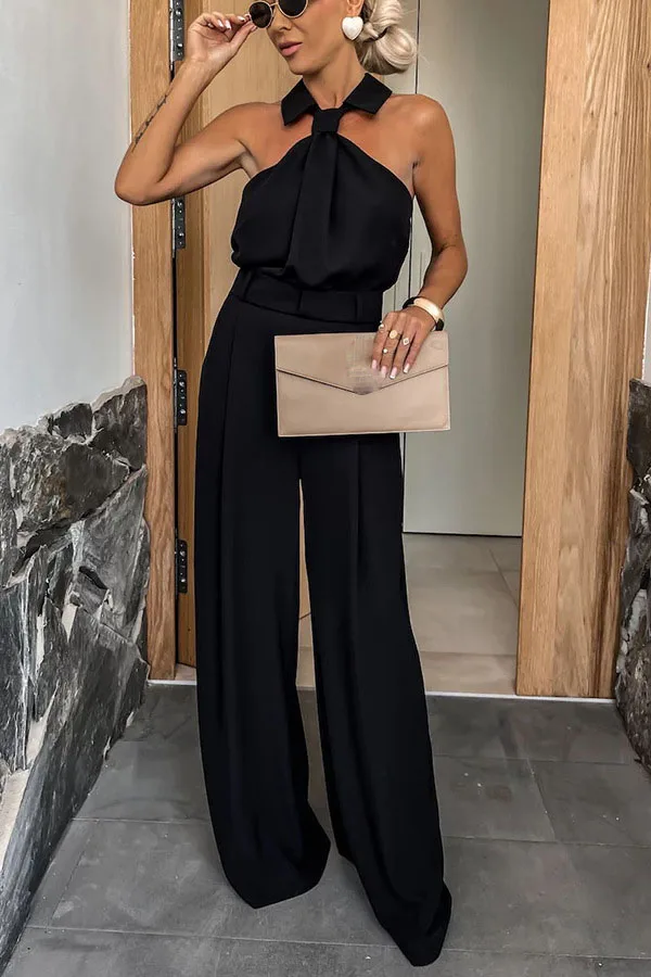 Dames halter jumpsuit nek revers off-shoulder mouwloze lange jumpsuit ritssluiting aan de achterkant hoge taille wijde pijpen jumpsuit