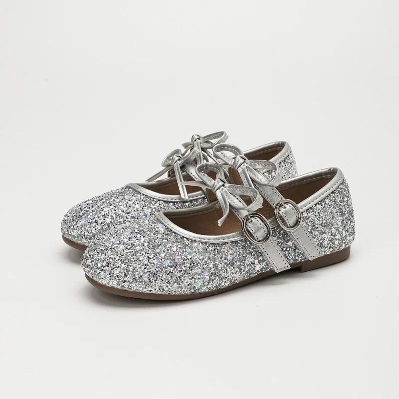 Kid Chic Shoes Elegant Sequins Girls Leather Shoes For Princess Wedding Party School Non-slip Children Dress Flat Shoes Silver