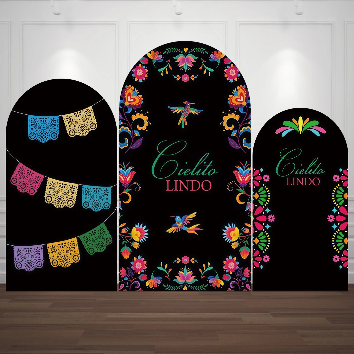 Mexican Fiesta Arch Cover Background for Birthday Wedding Party Cielito Lindo Colorful Papel Picado Floral Black Arched Backdrop