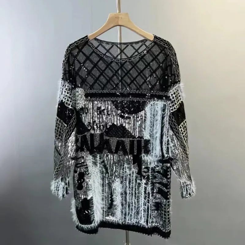 Luxury Rhinestone Sweater Sequins Fringed Knit Hollow Beaded Faux Fur Tops Loose Casual Lazy Style O Neck Blouse Woman T Shirt