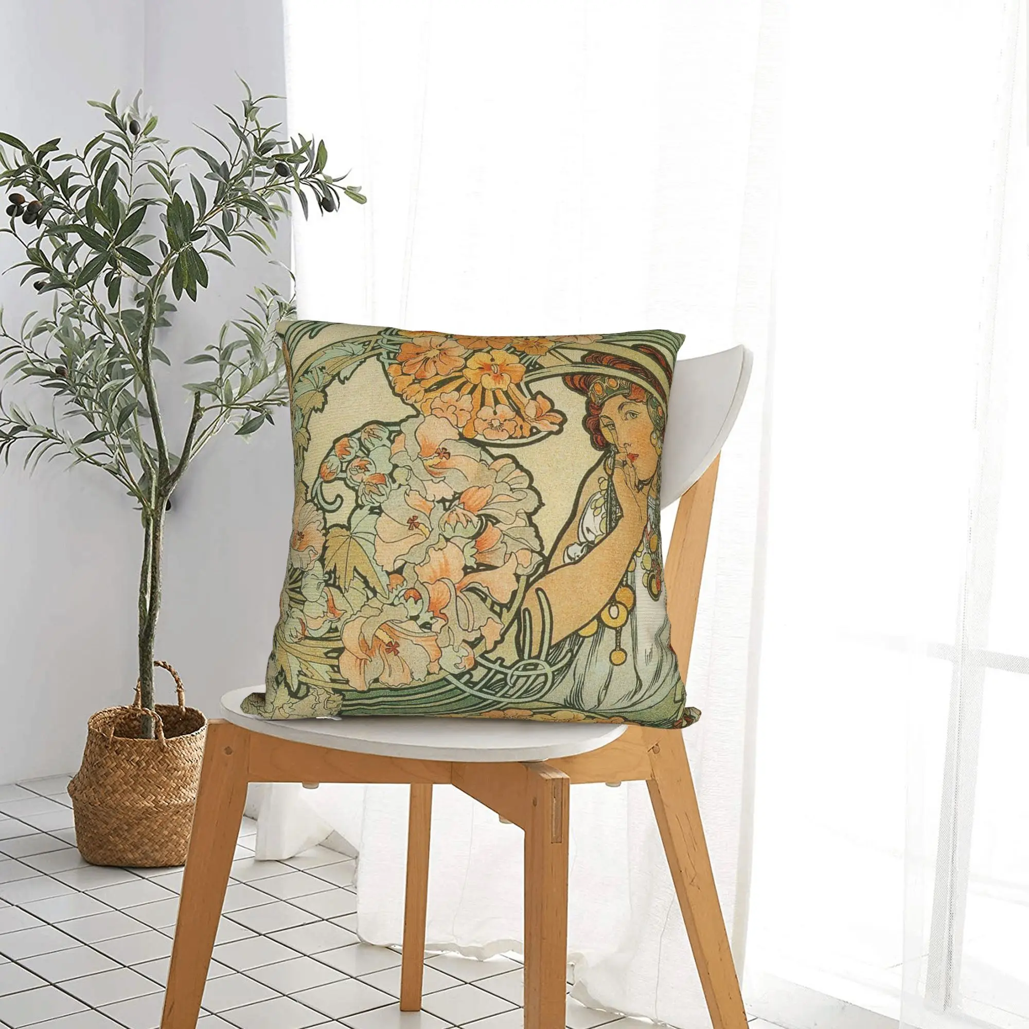 Alphonse Mucha Pillowcase Polyester Cushion Cover Decorations Vintage Art Nouveau Pillow Case Cover Home Square 45X45cm