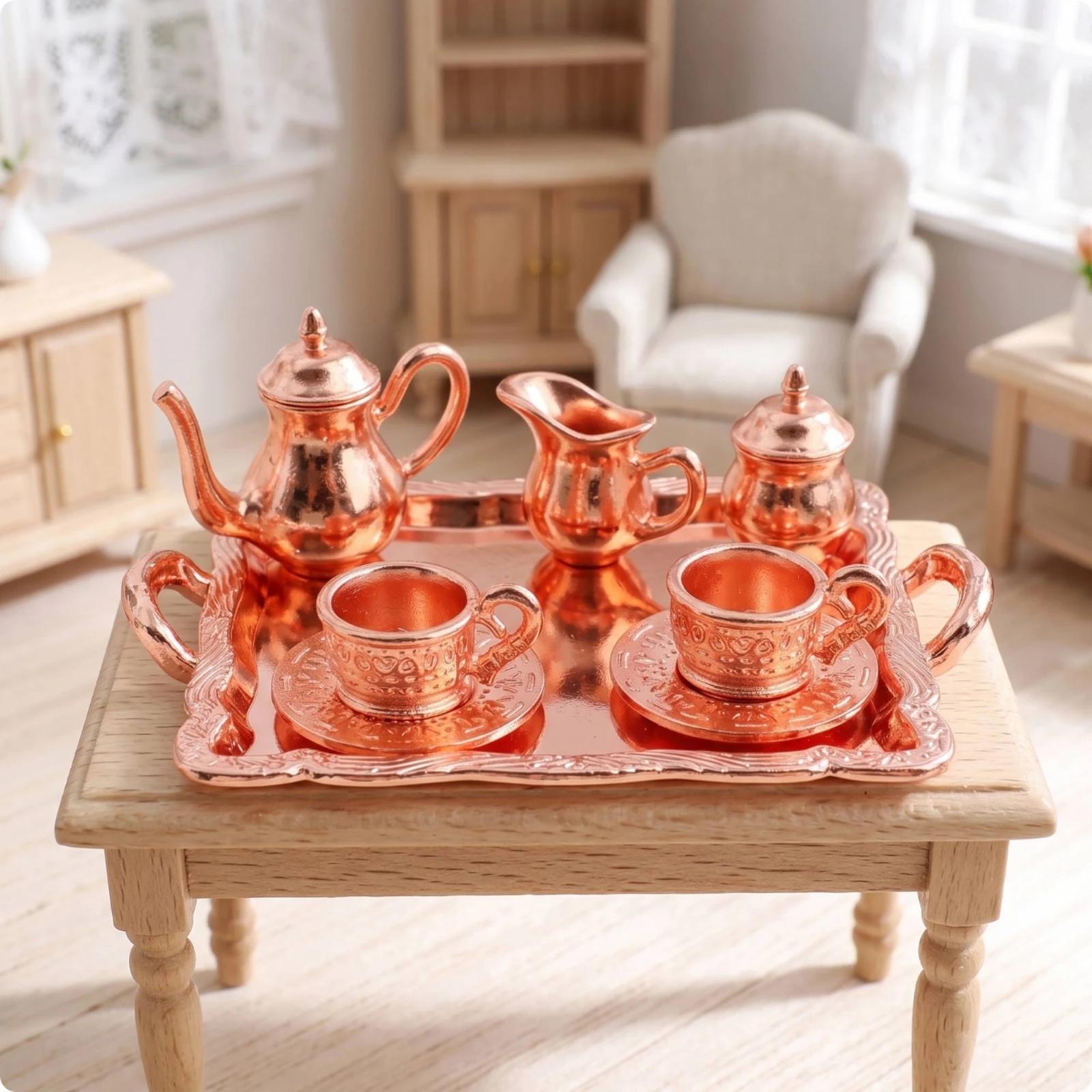 Miniature Tea Set with Tray Decorative Dollhouse Tea Service Toy Reflective Lifelike for Collectors, Photography Props