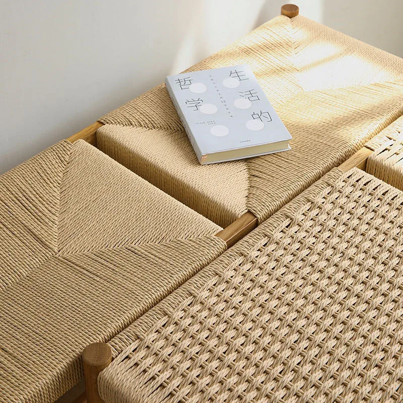 Cross braided rope stool white oak solid wood stool porch shoe change stool dining room bedroom end of bed braided rope bench