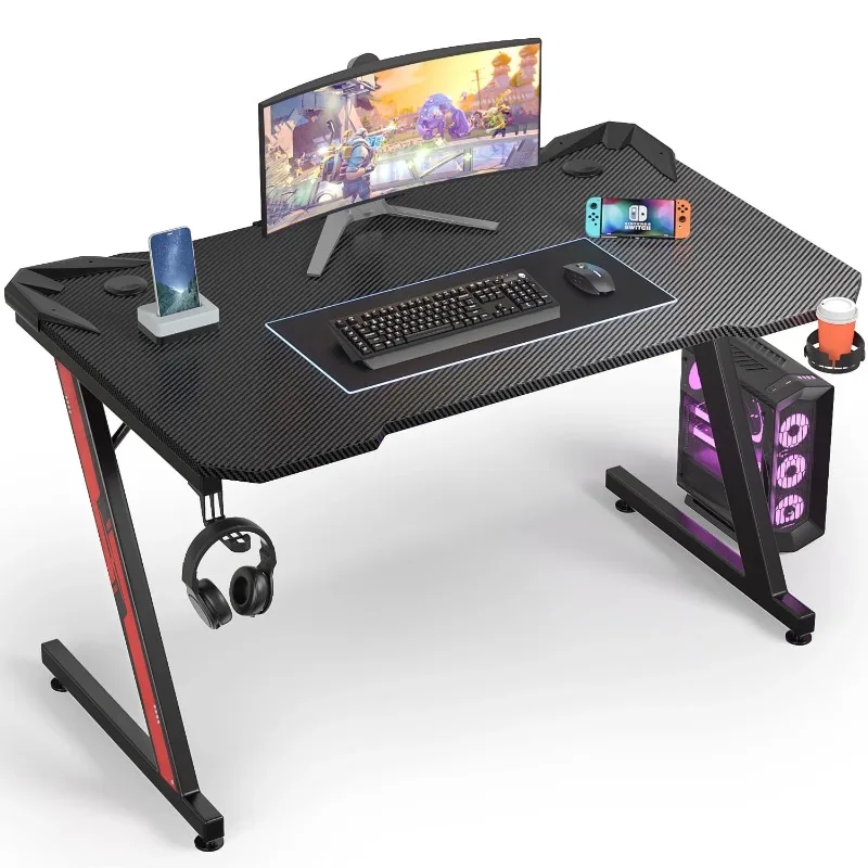 

44 Inches Z-Shaped Gaming Desk Carbon Fiber Surface Desk with Cup Holder & Headphone Hook,