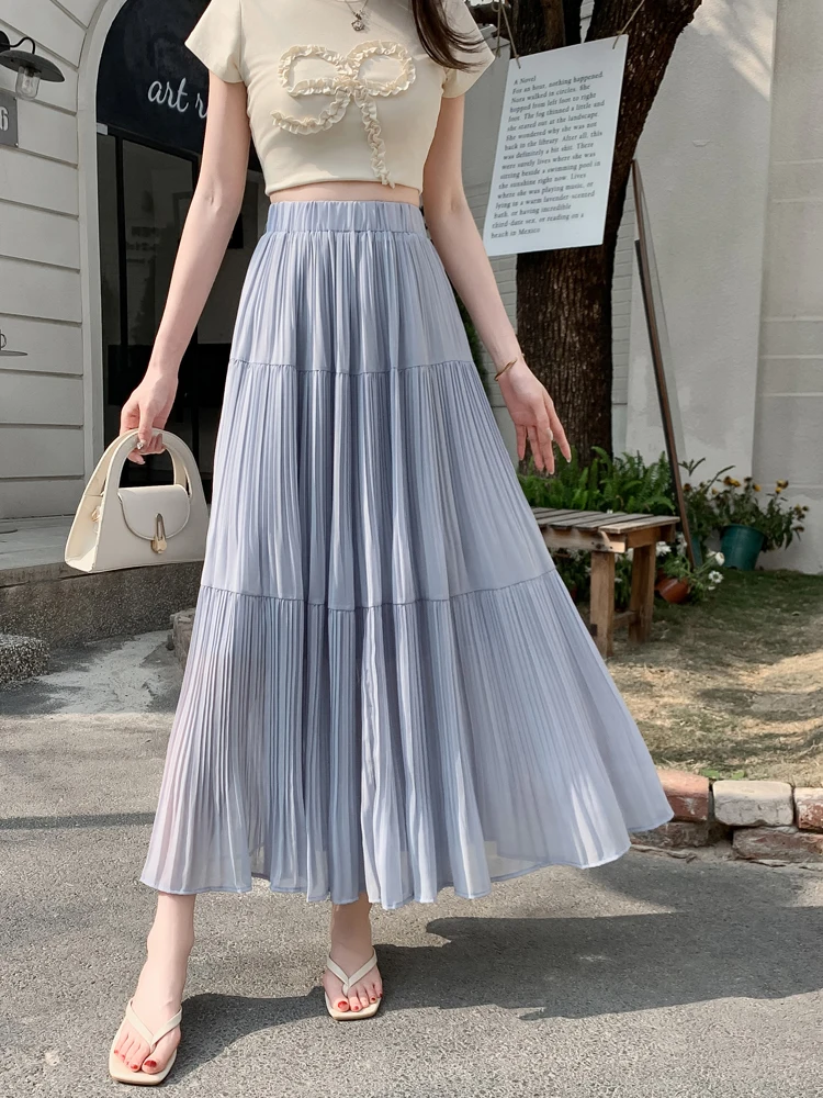Biała Szyfonowa Plisowana Długa Spódnica w Kształcie Litery A Damska Letnia Nowa Elegancka Spódnica Midi z Wysokim Stanem i Szerokim Dołem w Kształcie Parasola Wyszczuplająca
