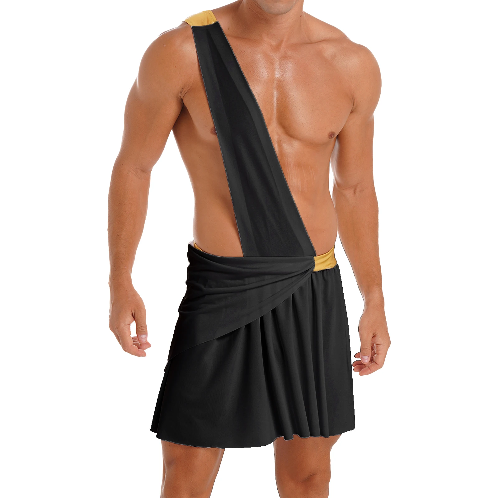 Mens Halloween Theme Party Fancy Cosplay Role Play Costume One Shoulder Strap Contrast Color Waistband Ruffle Skirt