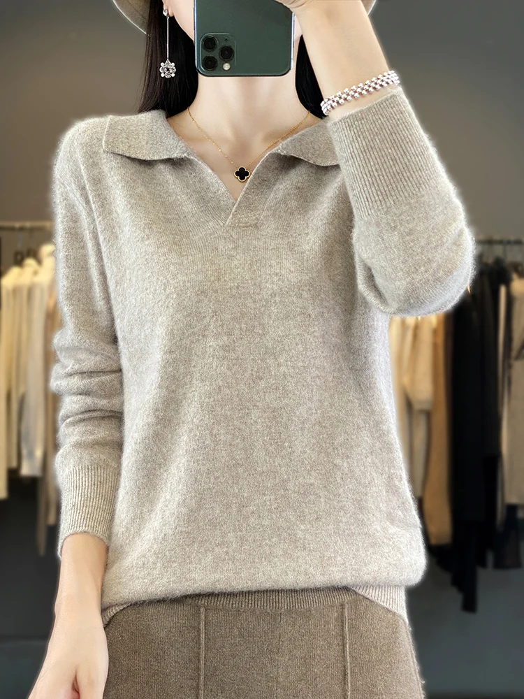 Winter Spring 100% Mink Cashmere Women Jumper Polo-Collar Fashion Knit Solid Color Sweater Long Sleeve Large Size Base Warm Tops