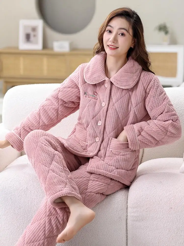 

Thiened Coral Fce Spwear Set for Middle-Aged Mothers Autumn Winter Home Clothes Long Sve Warm Flannel Pajamas