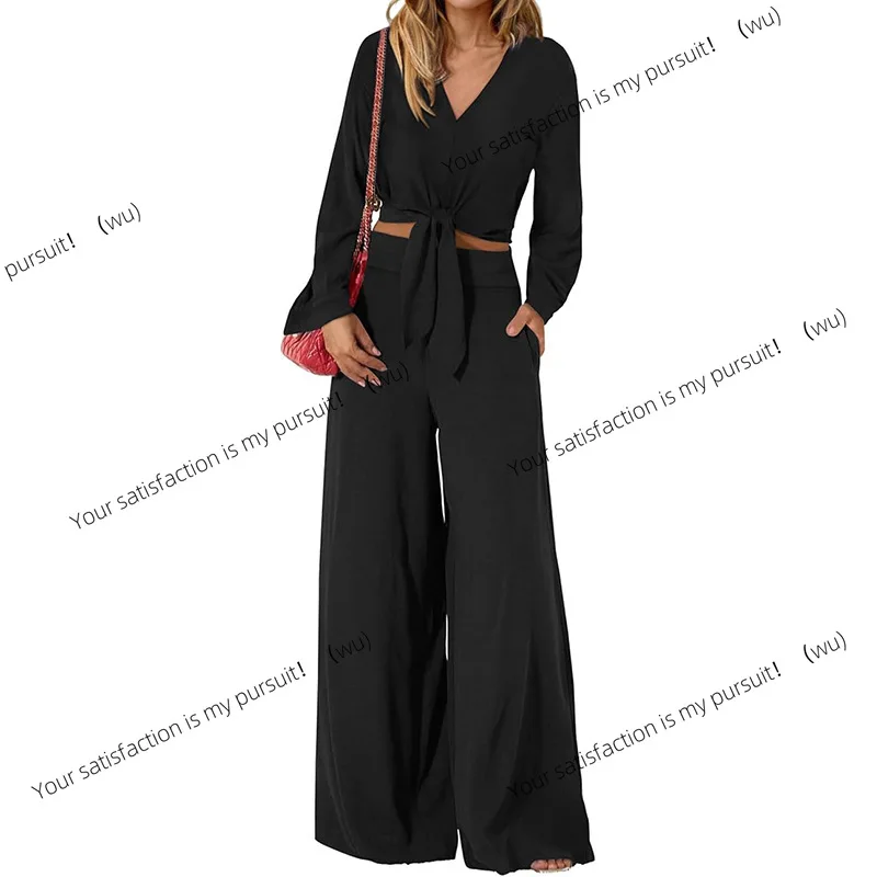 

Летний женский комплект с короткими рукавами и v-образным вырезом на шнуровке на пуговицах, топ с высокой талией, узкие широкие брюки