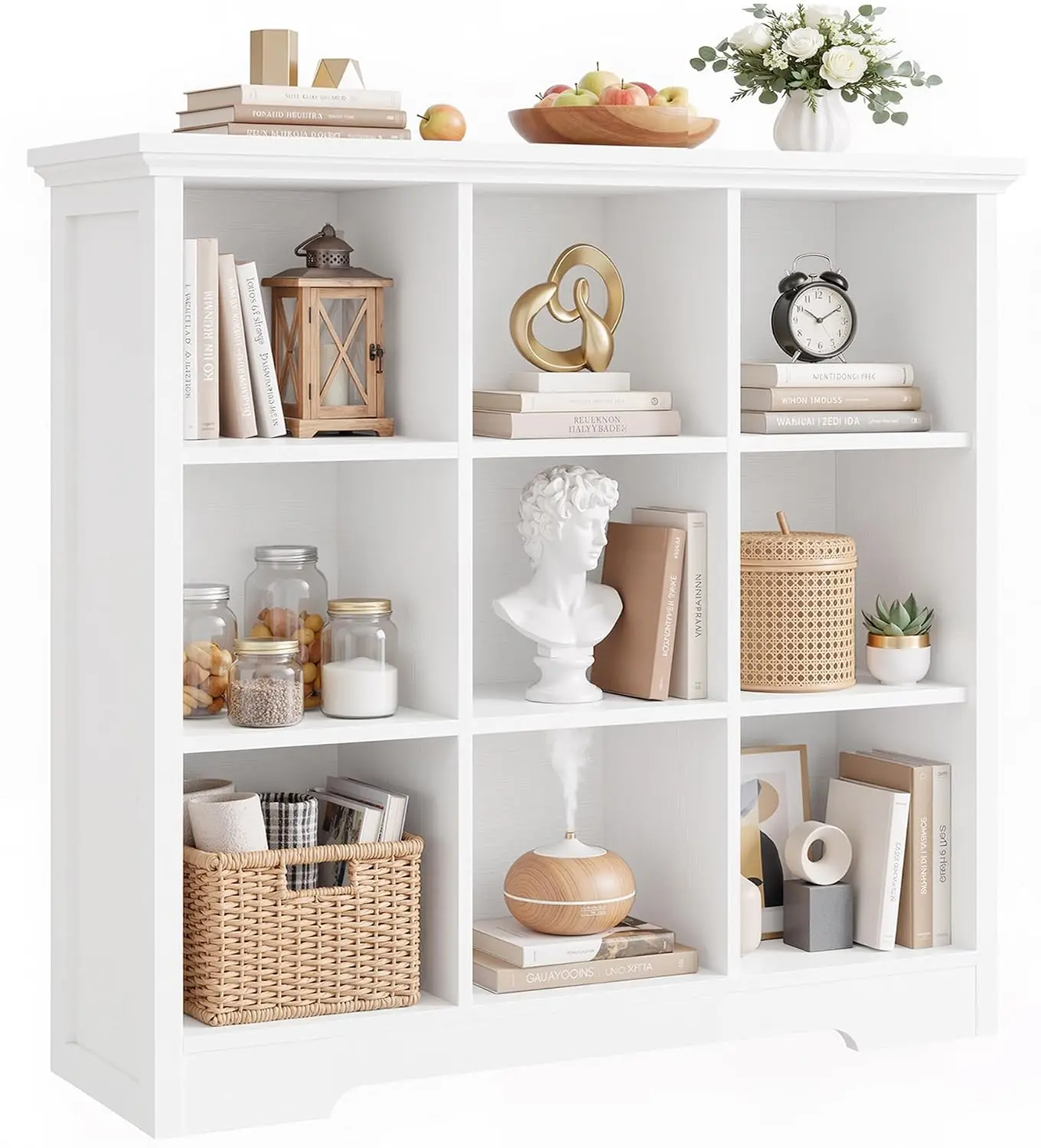 Wooden 9-Cube Storage Organizer with Charging Ports, Modern Cube Bookcase with Base, 4-Tier Floor Standing Open Cubbies Bookshel