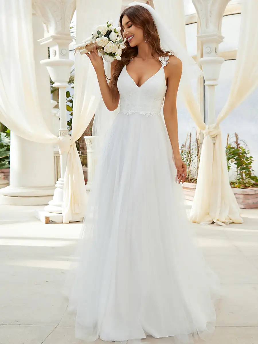 

BAZIIINGAAA Double V Neck Lace Tulle Wedding Dress