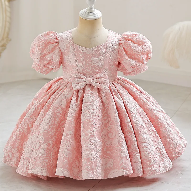 Girl's formal dress court style small dress children's bubble sleeve bow dress princess cute performance