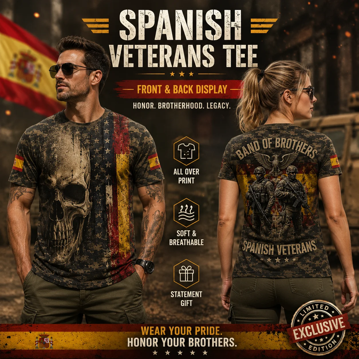 Spanish Veterans T Shirt 3D All Over Print Germany Skull Short Sleeve Crew Neck Camo Graphic Tee Veteran Gift Men Women