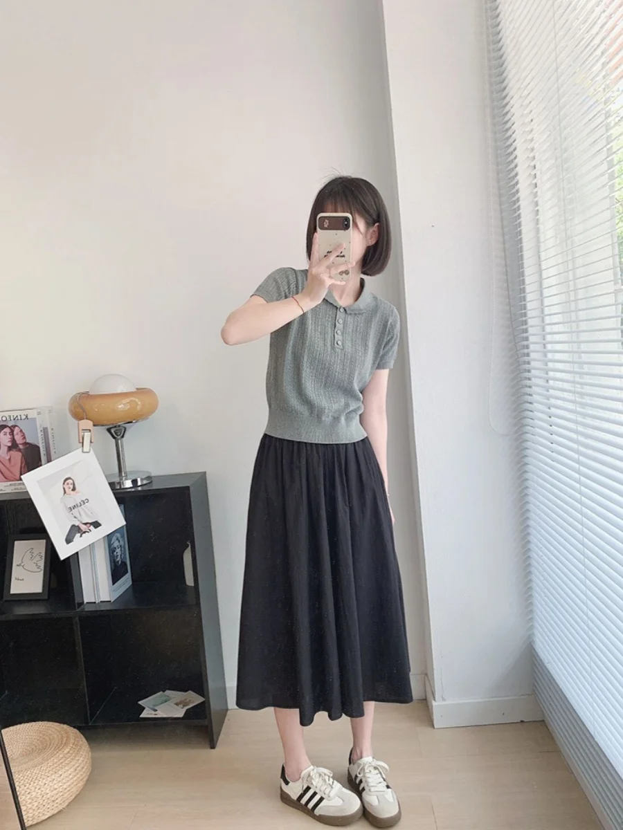 

Корейский трикотажный топ для женщин, облегающий, из ледяного шелка, повседневный, универсальный, летний, модный трикотаж