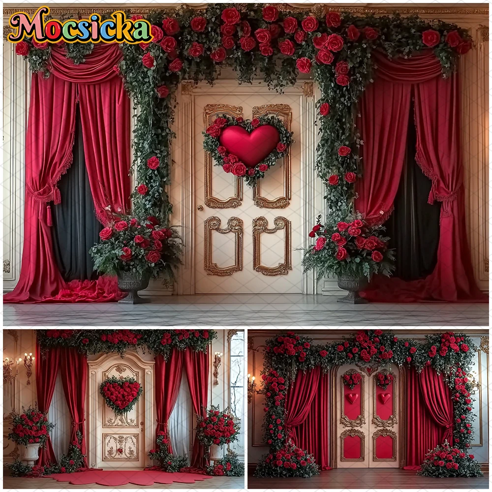 

Mocsicka Valentine's Day Photography Background Red Rose Curtain Love Flower Decoration Girl Women Photo Backdrop Wedding Banner
