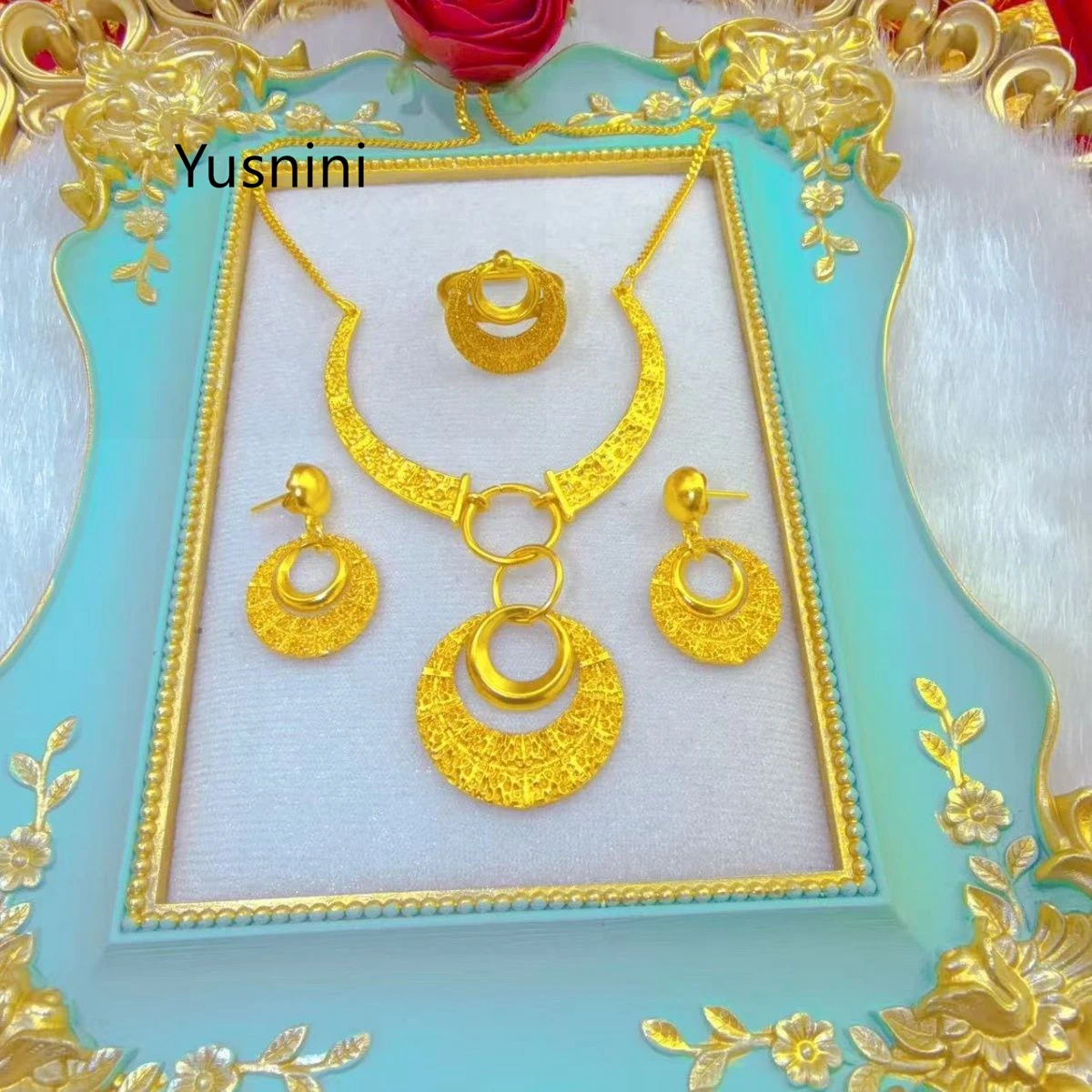 New Dubai Fashion High-end 24K Gold Plated Necklace Earrings Ring Exquisite Engagement Party Jewelry Set for Beloved