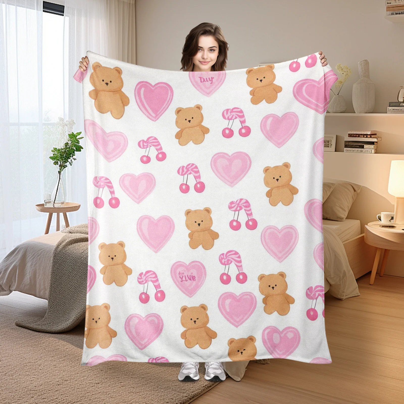 

Little Bear Heart Cherry Blanket In Pink With Cute Design And Cozy Fabric For Adorable And Charming Room Decor Style