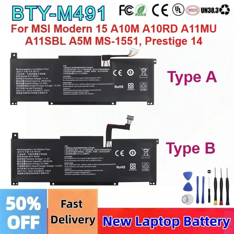 

BTY-M491 3ICP6/71/74 Laptop Replacement Battery For MSI Modern 15 A10M A10RD A11MU A11SBL A5M MS-1551, Prestige 14 11.4V 4600mAh