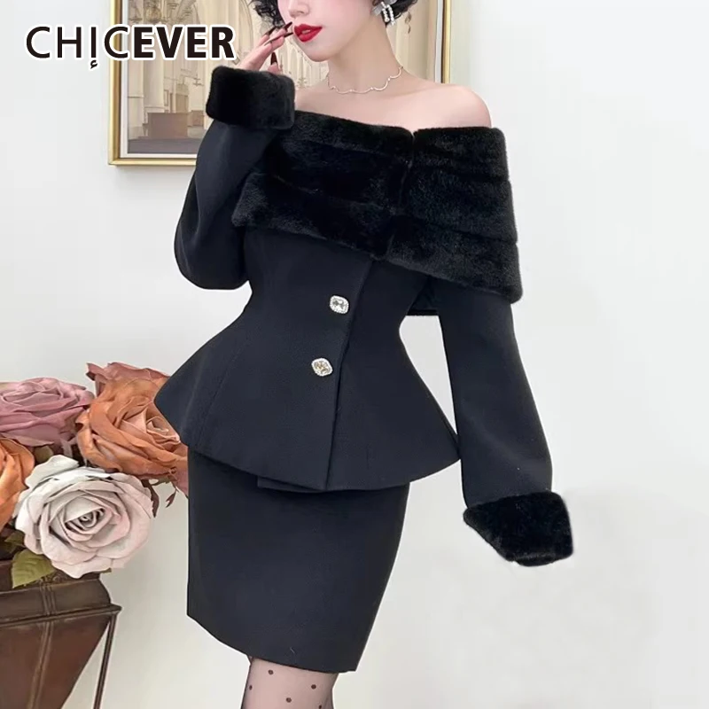 

CHICEVER Two Piece Set for Women Slash Neck with Fur Long Sleeve Slim Patchwork Diamonds Top Bodycon Skirts Luxury Suits Female