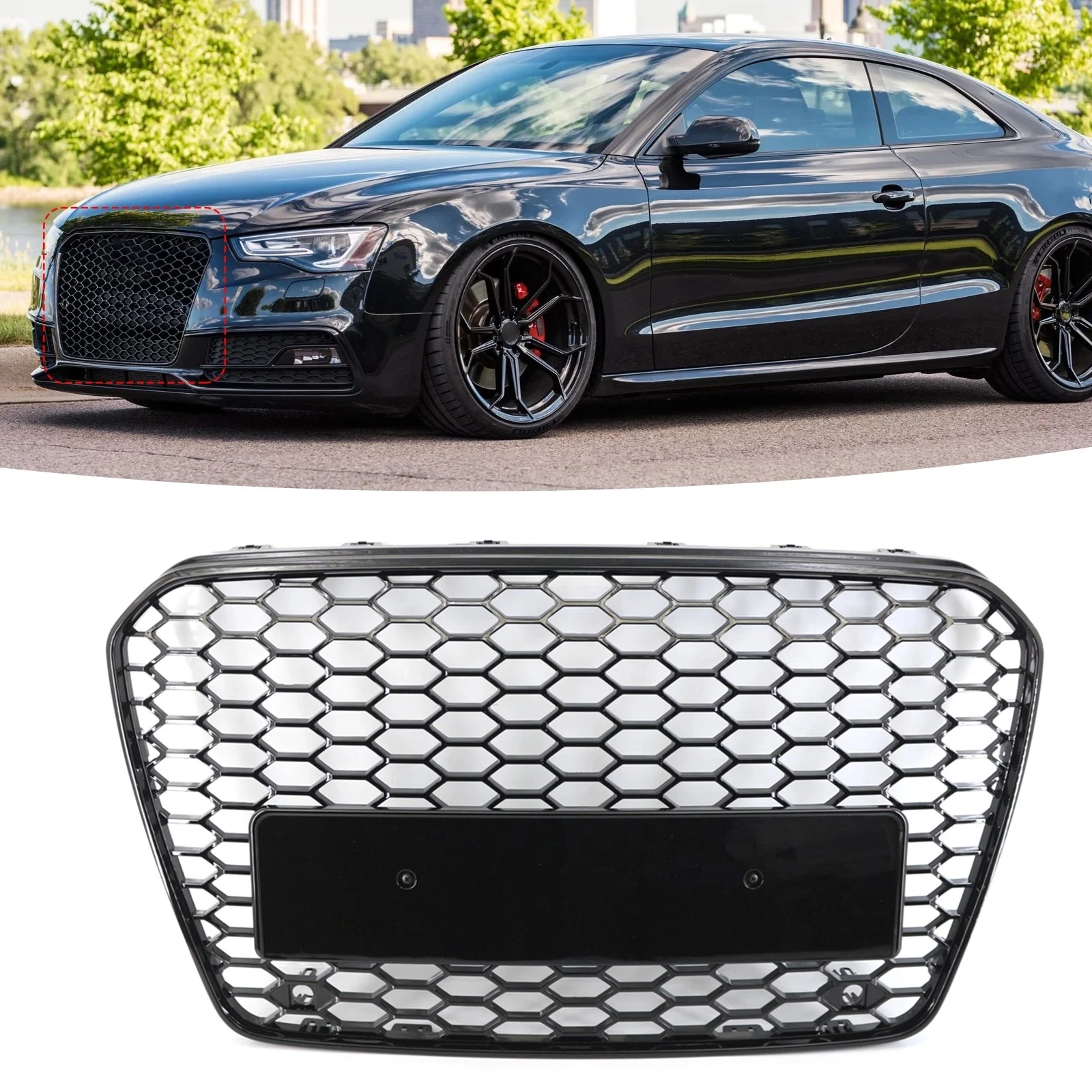 

Для AUDI A5 S5 8T 2013-2016: Передняя решетка бампера в стиле RS, сотовая сетка, глянцевый черный цвет