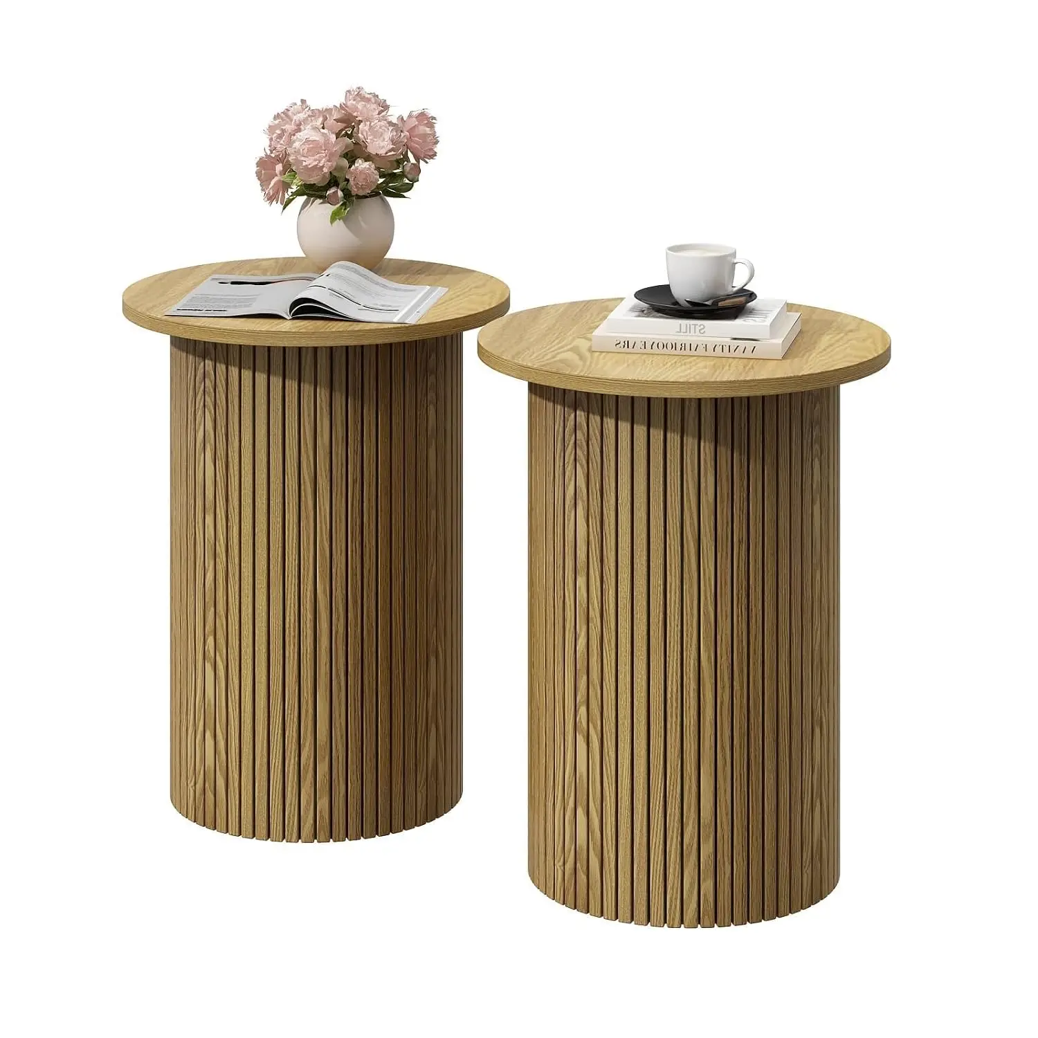 Round Fluted End Table Small Accent Pedestal Side Natural 2 Pack, Customized